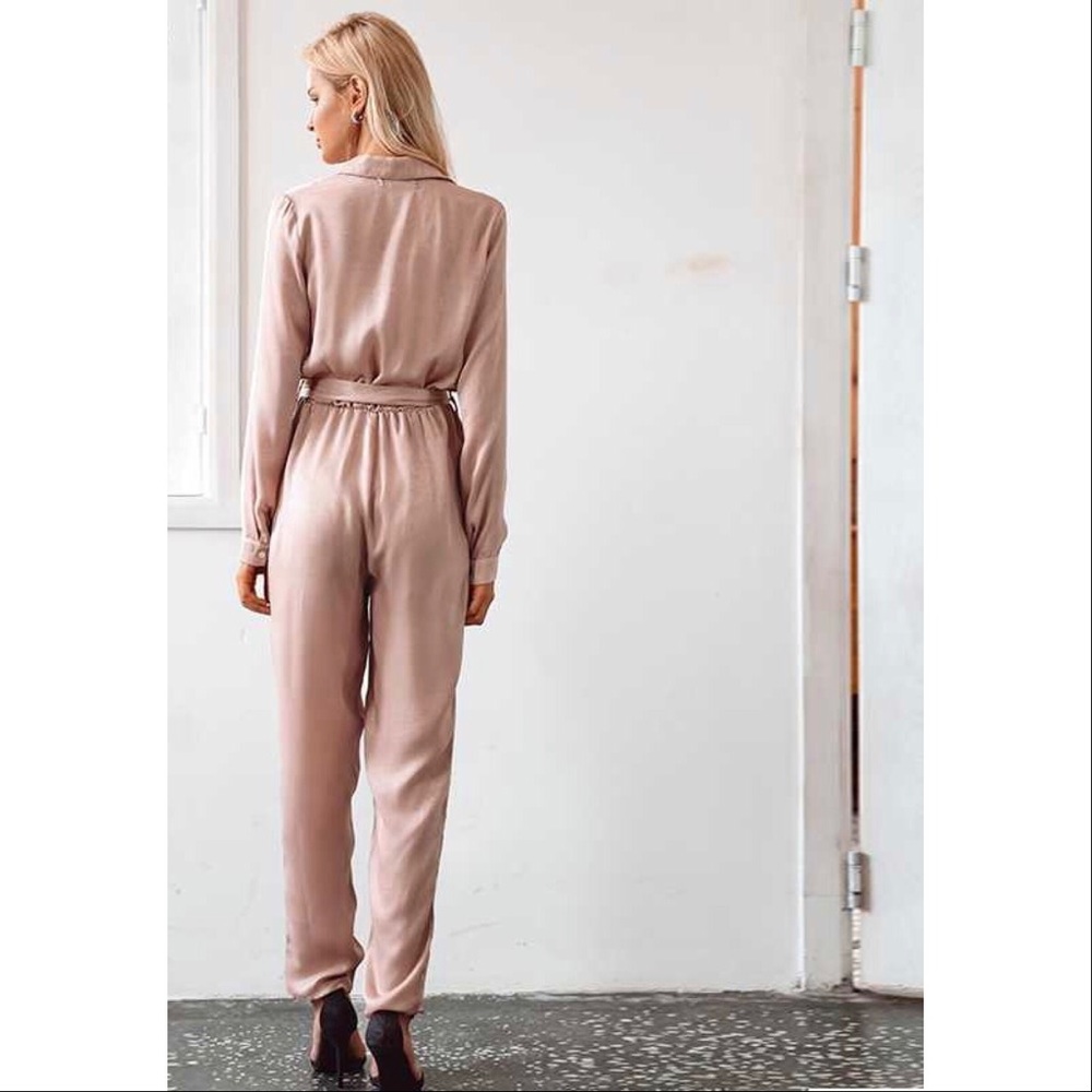 Blush Pink Satin Belted High Waist Jumpsuit - Picture 2 of 4